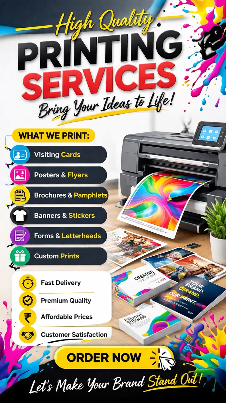 Custom printed posters, flyers, brochures, banners, leaflets, catalogs, postcards, promotional materials, and marketing prints for business branding and advertising.