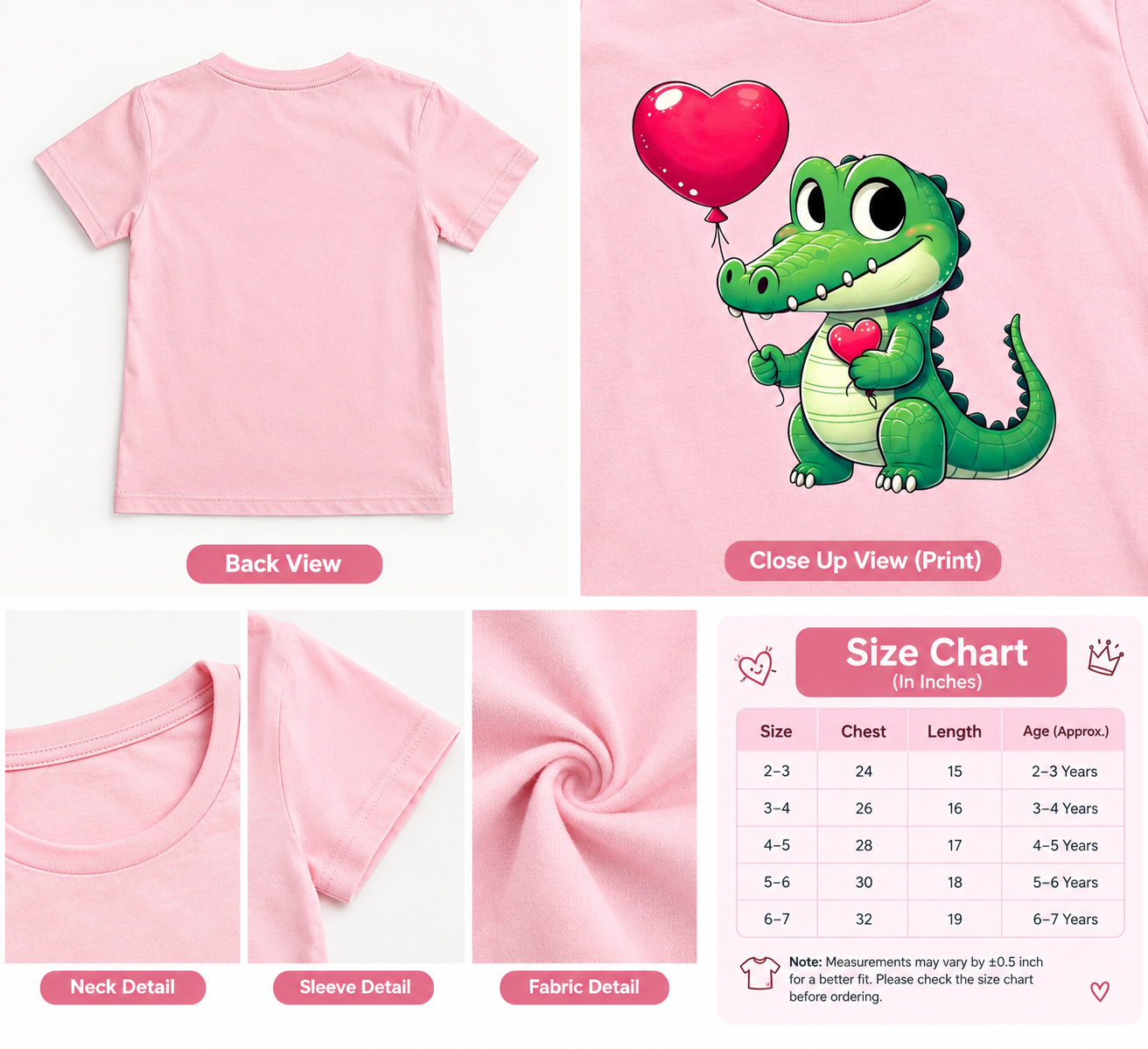 pink cotton T-shirt with cute crocodile heart balloon print